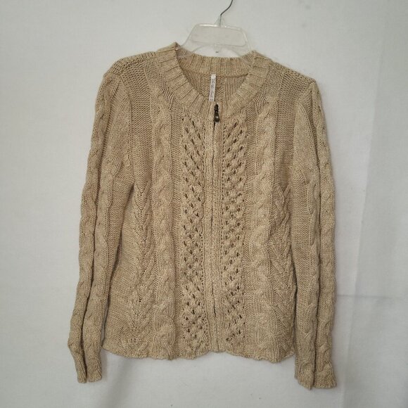 Leo & Nicole Sweater Womens M Beige Cardigan‎ Full Zip Cabled Chunky Fisherman - Picture 1 of 11